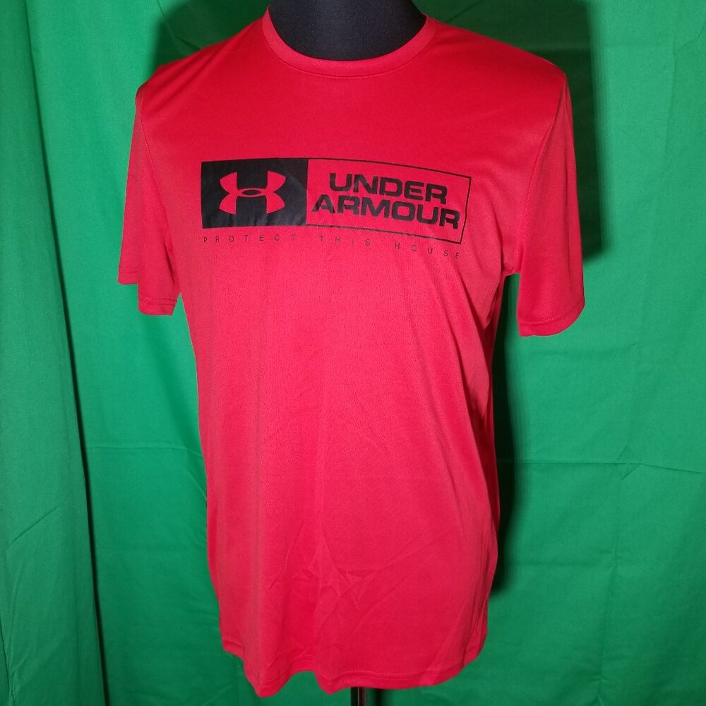 Under Armour Mens Medium Heatgear Loose Fit Red Short Sleeve Logo Dri‎ Fit Gym